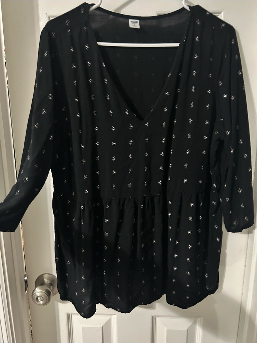 Black V-Neck Peplum Long-Sleeve Top with Metallic Dot Detail